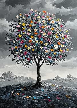 Colorful Blossoms on a Tree Painting