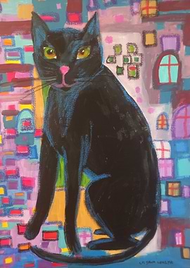 Black Cat Colorful Abstract Painting
