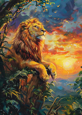 Lion at Sunset Painting