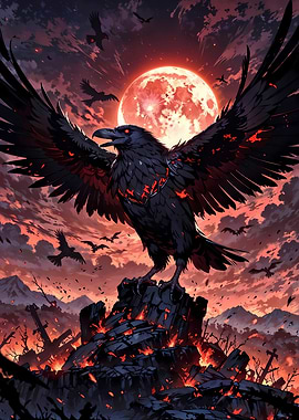 Blood Moon Raven in a Dark Fantasy Landscape