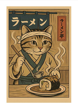 Cat Chef Serving Ramen Illustration