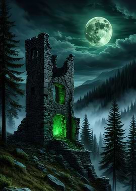 Ruined Tower Under Moonlight