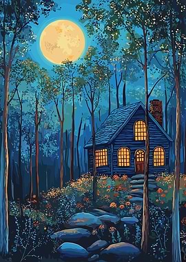 Cabin in the Woods at Night