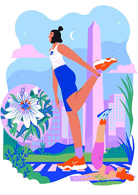 Women Exercising in Cityscape Illustration