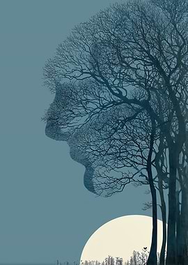Tree Silhouette Face with Moon