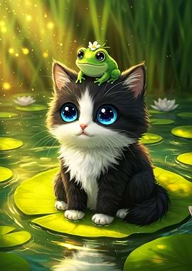 Cute Kitten and Frog on Lilypad