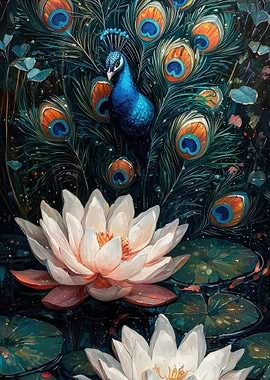 Peacock and Lotus Pond Art