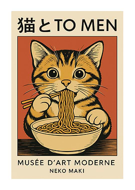 Cat Eating Ramen Noodle Poster