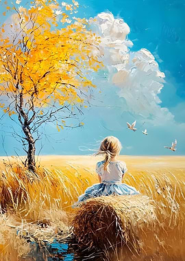 Girl on Hay Bale in Field