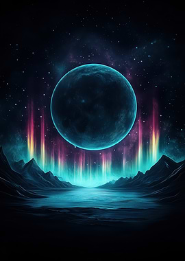 Mystical Planet Landscape with Aurora Lights