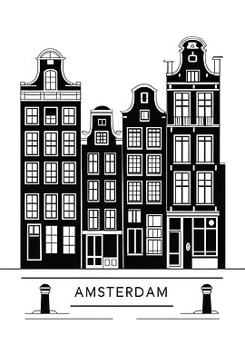 Amsterdam Buildings Black and White Illustration
