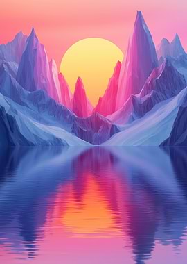 Low Poly Mountain Sunset Reflection Landscape