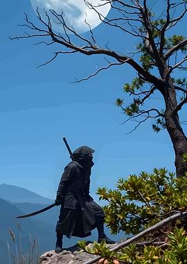 Ninja on Mountain Peak Under Moonlight