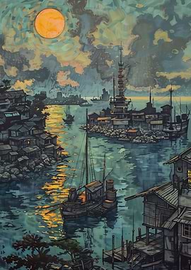 Japanese Harbor at Night