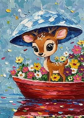 Cute Deer in Boat with Flowers