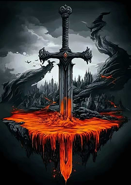 Fantasy Sword in Lava Landscape