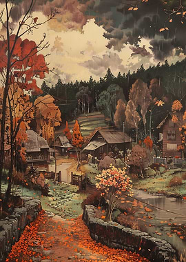 Autumn Village in the Rain