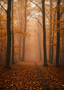Autumn Forest Path in Fog