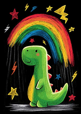 Cute Dinosaur with Rainbow and Stars
