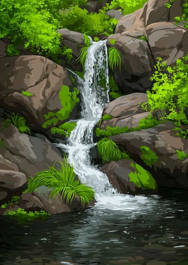 Waterfall in Lush Greenery Landscape