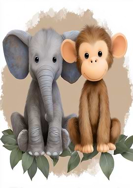 Cute Elephant and Monkey Illustration