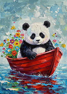 Panda in Boat with Flowers Painting