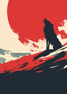 Wolf Howling at Red Moon Silhouette Minimalist Art Illustration