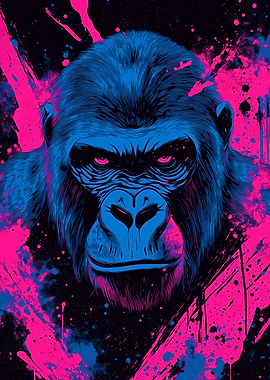 Blue Gorilla with Pink Splatter Art
