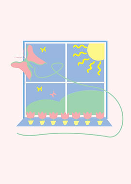 Window with Butterfly and Flowers