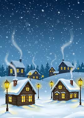 Winter Village Scene with Snowfall