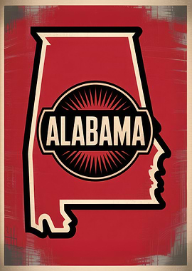 Alabama State Silhouette Poster - Alabama Outline Retro Vintage Red Style