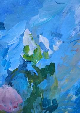 Abstract Floral Painting Rosebud in Blue and Green