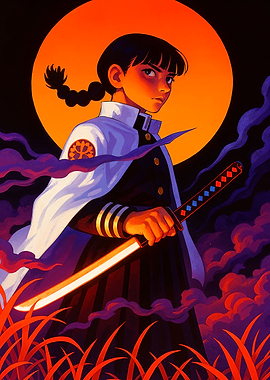 Anime Girl with Sword and Moon