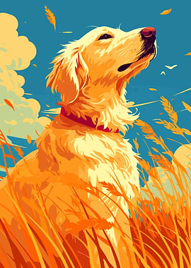 Golden Retriever Autumn Wheat Field Minimalist Art Illustration