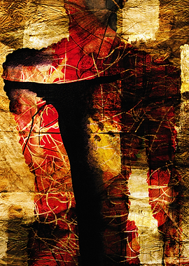 Abstract Figure Walking Away in Red and Gold