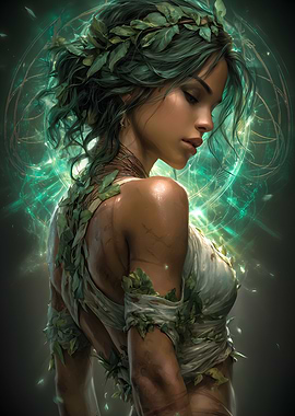 Ethereal Woman with Leaves and Green Aura