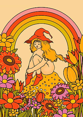 Retro Witch in Floral Rainbow Garden