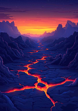 Blue Night Lava River Landscape