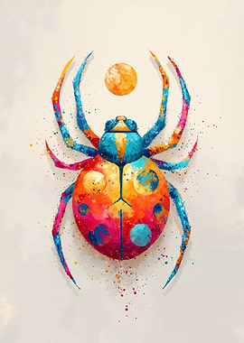 Colorful Watercolor Spider with Moon