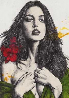 Woman with Flowers and Green Cloth