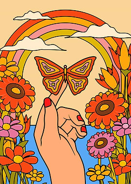 Retro Butterfly on Finger with Rainbow