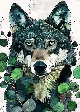 Watercolor Wolf Portrait with Eucalyptus
