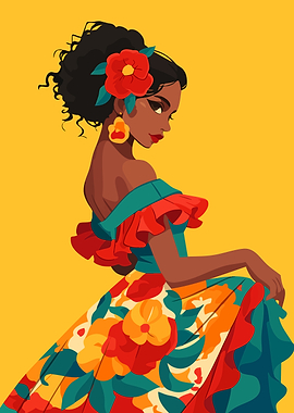 Woman in Flamenco Floral Dress Illustration Pop Art