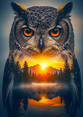 Owl and Landscape Double Exposure