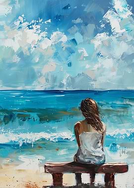Woman on Bench Overlooking Ocean Painting