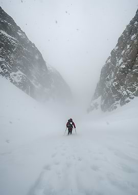 Mountaineer in Snowy Mountain Pass