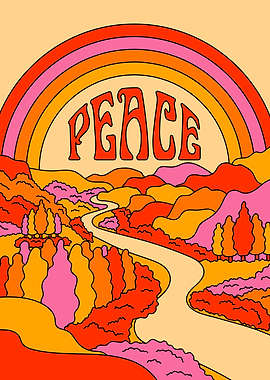Retro Peace Landscape with Rainbow