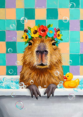 Capybara in Bathtub with Flower Crown