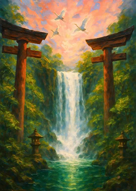 Japanese Landscape with Waterfall and Torii