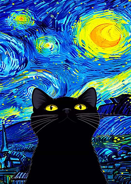 Black Cat in Starry Night Style